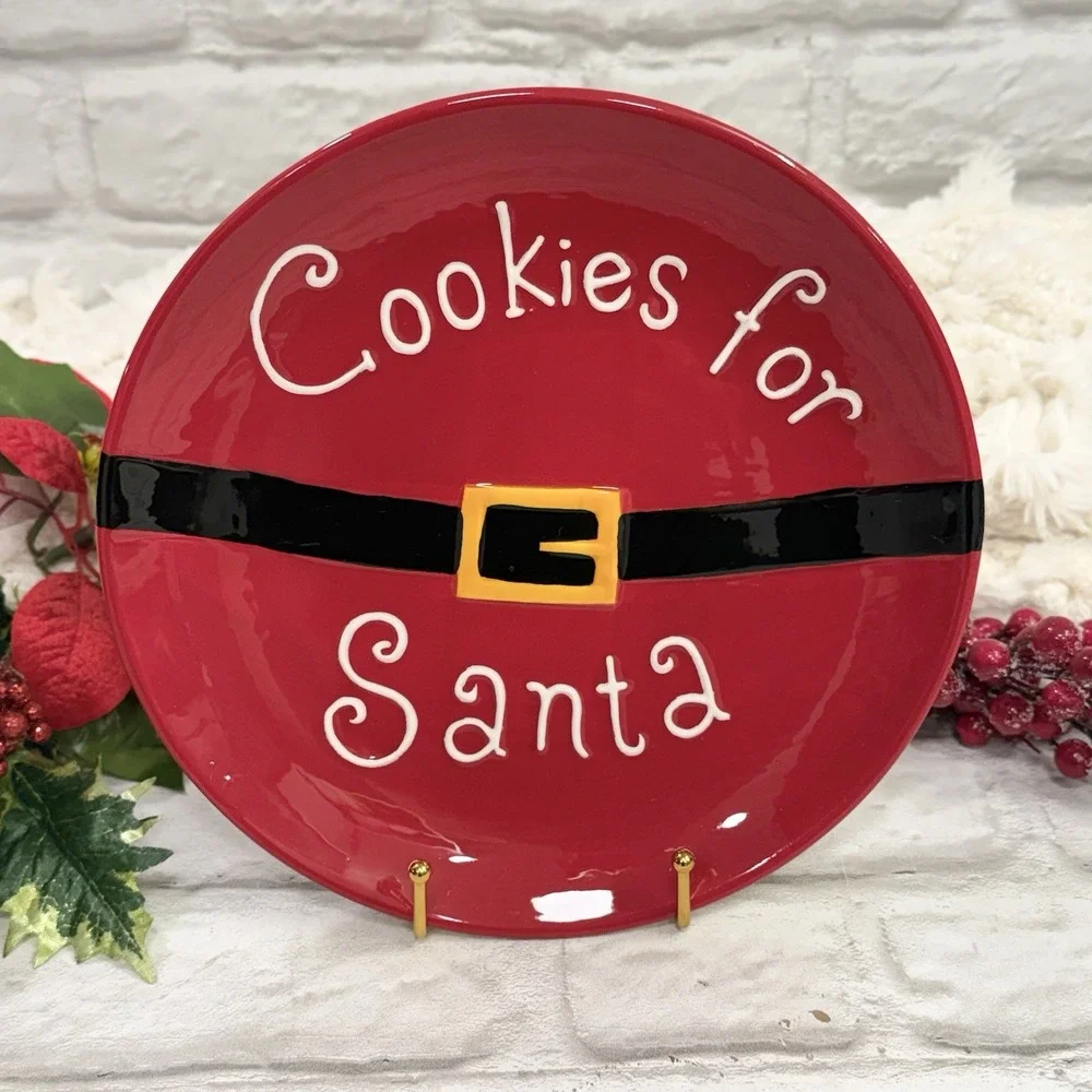 Cookies for Santa Ceramic Plate & Milk Mug Red & White Christmas Holiday Decore